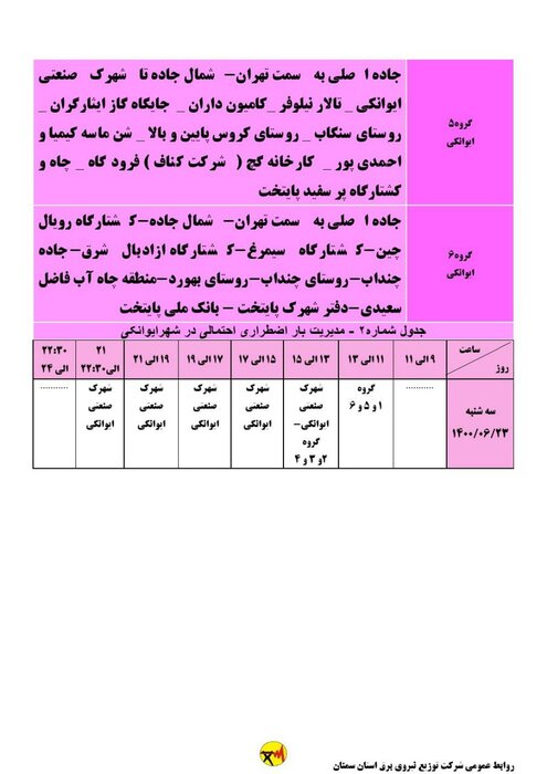 برنامه خاموشی احتمالی برق استان سمنان برای سه‌شنبه ۲۳ شهریور اعلام شد