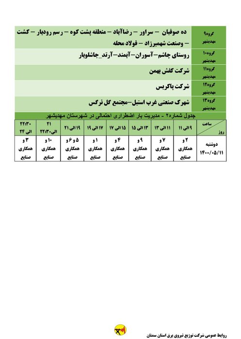 برنامه خاموشی احتمالی برق استان سمنان در روز دوشنبه ۱۱ مرداد اعلام شد