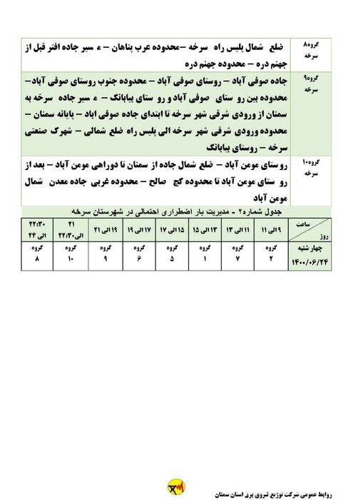 برنامه خاموشی احتمالی برق استان سمنان در چهارشنبه ۲۴ شهریور اعلام شد