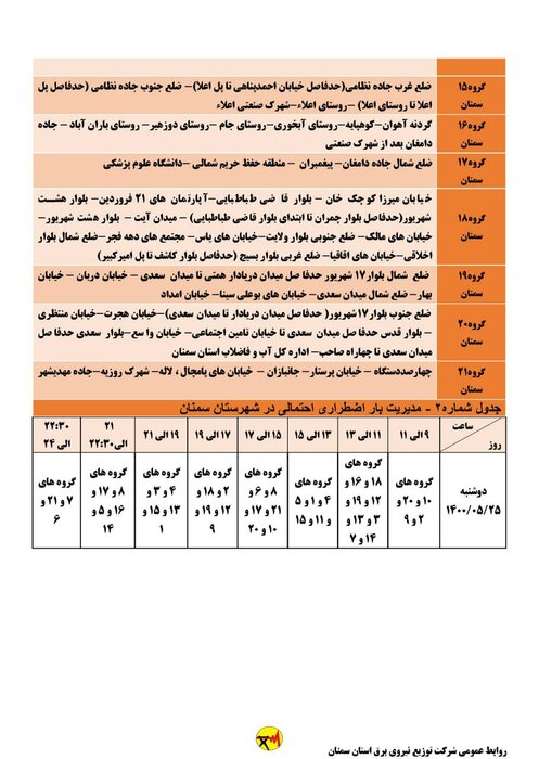 برنامه خاموشی احتمالی برق استان سمنان در روز دوشنبه ۲۵ مرداد اعلام شد