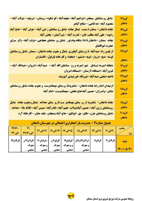 برنامه خاموشی احتمالی برق استان سمنان در روز شنبه ۳۰ مرداد اعلام شد