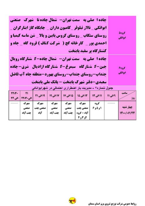 برنامه خاموشی احتمالی برق استان سمنان در چهارشنبه ۲۴ شهریور اعلام شد