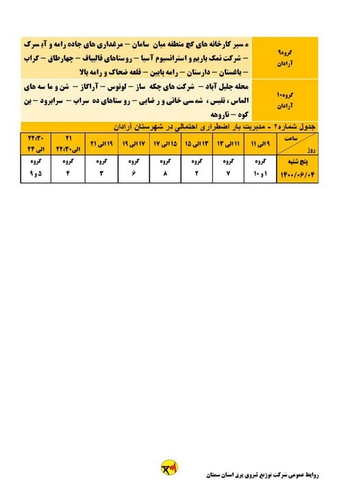 برنامه خاموشی احتمالی برق استان سمنان در پنجشنبه چهارم شهریور اعلام شد