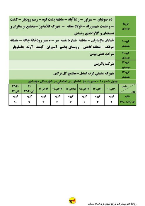 برنامه خاموشی احتمالی برق استان سمنان برای شنبه ششم شهریور اعلام شد