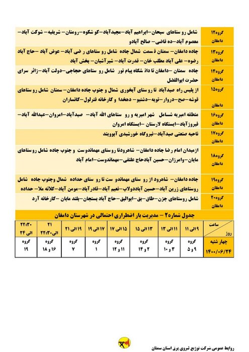 برنامه خاموشی احتمالی برق استان سمنان در چهارشنبه ۲۴ شهریور اعلام شد