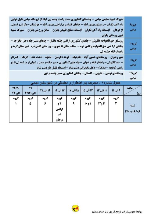 برنامه خاموشی احتمالی برق استان سمنان برای شنبه ششم شهریور اعلام شد