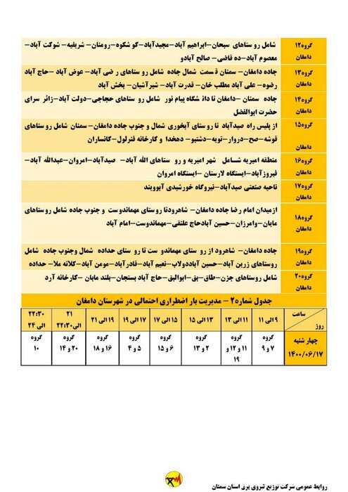 برنامه خاموشی احتمالی برق استان سمنان در چهارشنبه ۱۷ شهریور اعلام شد