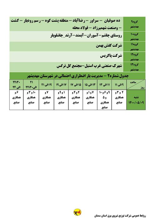 برنامه خاموشی احتمالی برق استان سمنان در روز شنبه ۹ مرداد اعلام شد