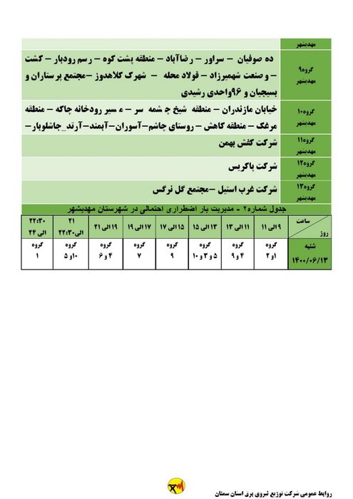 برنامه خاموشی احتمالی برق استان سمنان برای شنبه ۱۳ شهریور اعلام شد