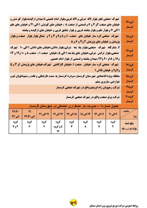 برنامه خاموشی احتمالی برق استان سمنان در پنجشنبه ۲۵ شهریور اعلام شد