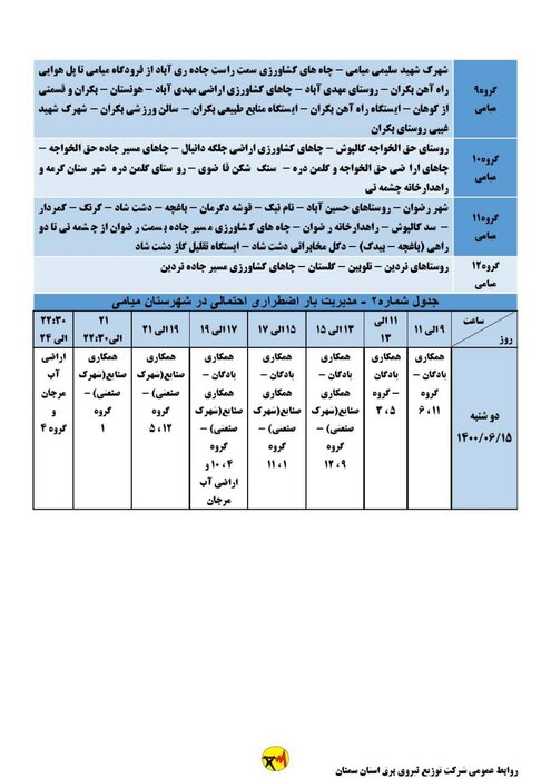 برنامه خاموشی احتمالی برق استان سمنان برای دوشنبه ۱۵شهریور اعلام شد