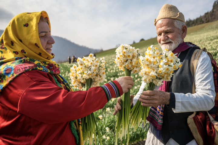 برداشت گل نرگس در مزارع روستای شیر آباد گلستان