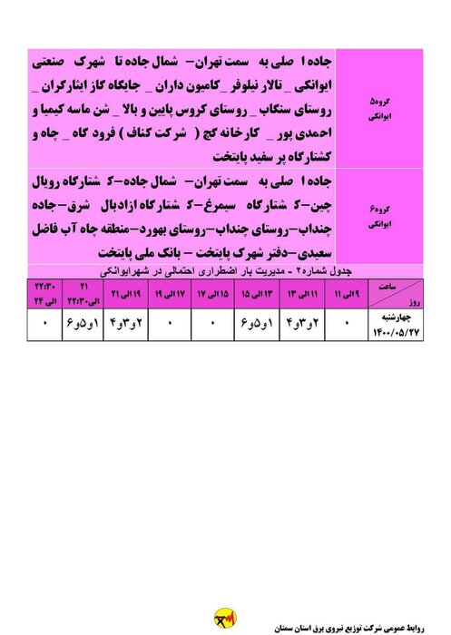 برنامه خاموشی احتمالی برق استان سمنان در روز چهارشنبه۲۷ مرداد اعلام شد