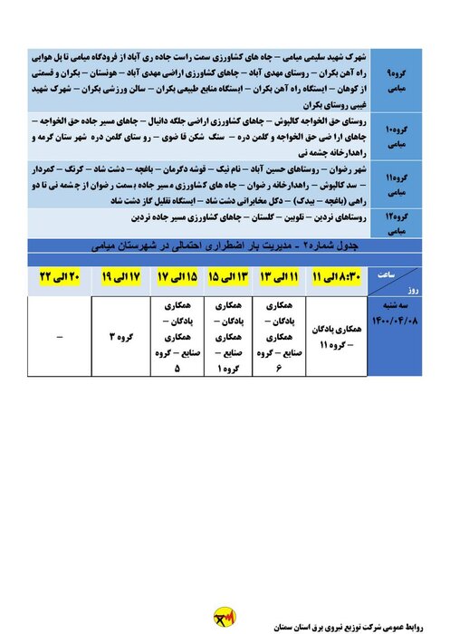 برنامه خاموشی احتمالی برق استان سمنان در هشتم تیر اعلام شد