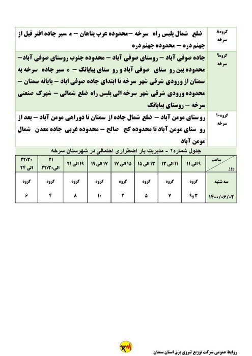 برنامه خاموشی احتمالی برق استان سمنان برای سه‌شنبه دوم شهریور اعلام شد