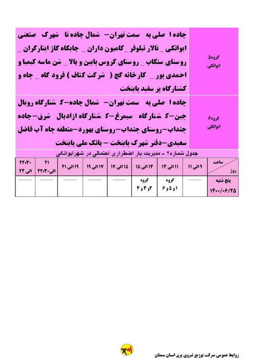 برنامه خاموشی احتمالی برق استان سمنان در پنجشنبه ۲۵ شهریور اعلام شد