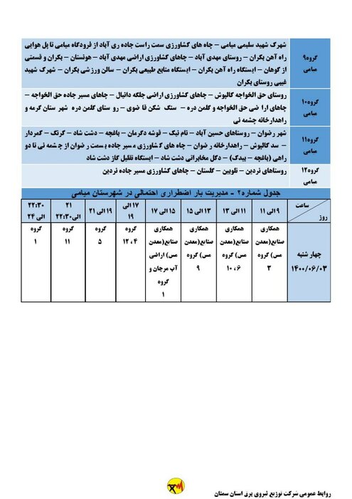 برنامه خاموشی احتمالی برق استان سمنان برای چهارشنبه ۳ شهریور اعلام شد