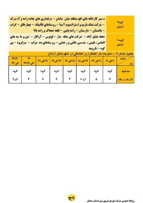 برنامه خاموشی احتمالی برق استان سمنان برای سه‌شنبه دوم شهریور اعلام شد