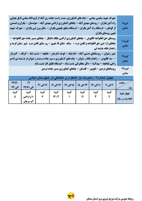 برنامه خاموشی احتمالی برق استان سمنان در چهارشنبه ۲۴ شهریور اعلام شد