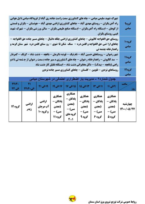 برنامه خاموشی احتمالی برق استان سمنان در روز چهارشنبه۲۷ مرداد اعلام شد