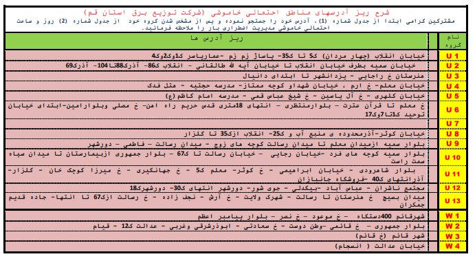 جدول خاموشی اضطراری در قم / ۲۱ مردادماه