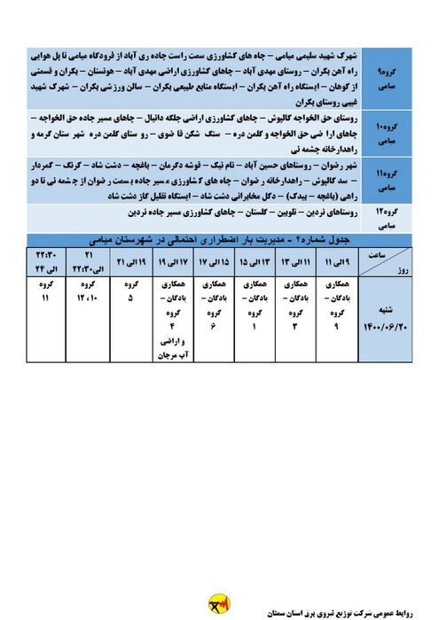 برنامه خاموشی احتمالی برق استان سمنان برای شنبه ۲۰ شهریور اعلام شد