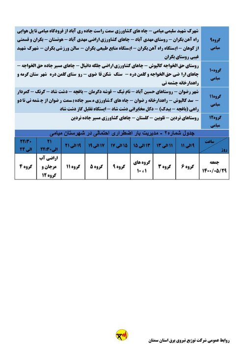 برنامه خاموشی احتمالی برق استان سمنان در روز جمعه ۲۹ مرداد اعلام شد