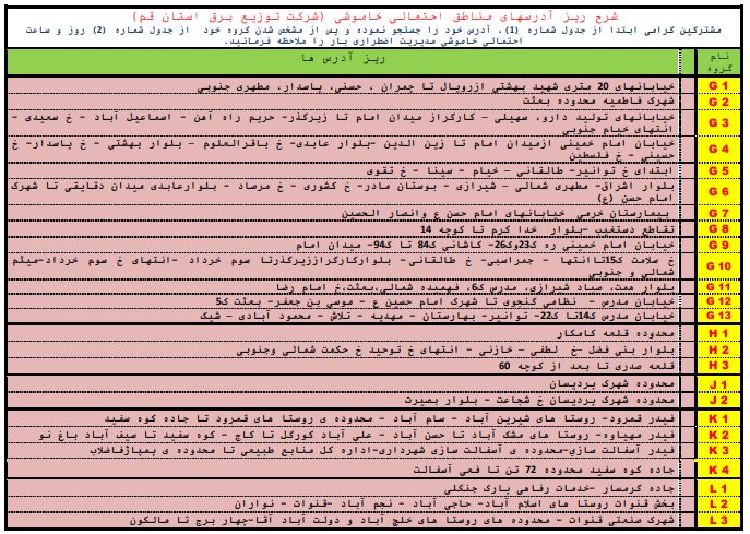 جدول خاموشی اضطراری در قم / ۲۱ مردادماه