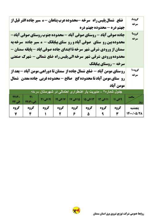 برنامه خاموشی احتمالی برق استان سمنان در روز پنجشنبه ۲۸ مرداد اعلام شد