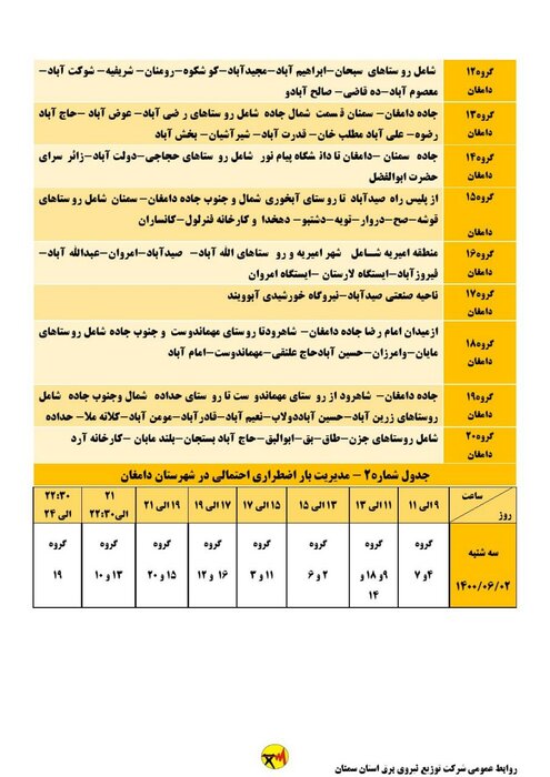 برنامه خاموشی احتمالی برق استان سمنان برای سه‌شنبه دوم شهریور اعلام شد