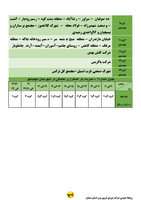 برنامه خاموشی احتمالی برق استان سمنان در دوشنبه یکم شهریور اعلام شد