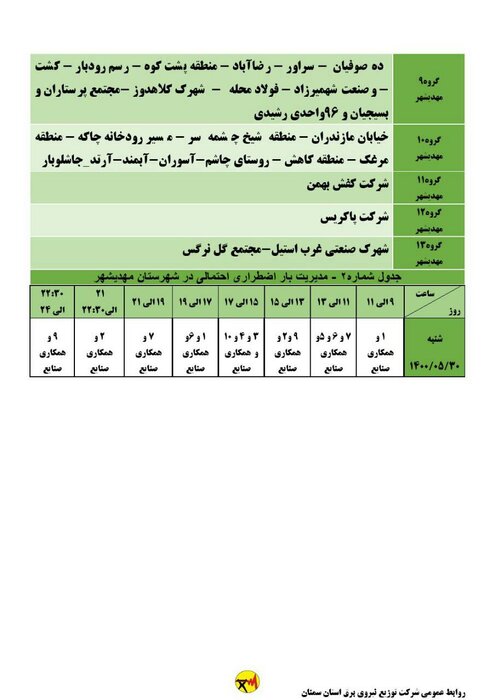 برنامه خاموشی احتمالی برق استان سمنان در روز شنبه ۳۰ مرداد اعلام شد