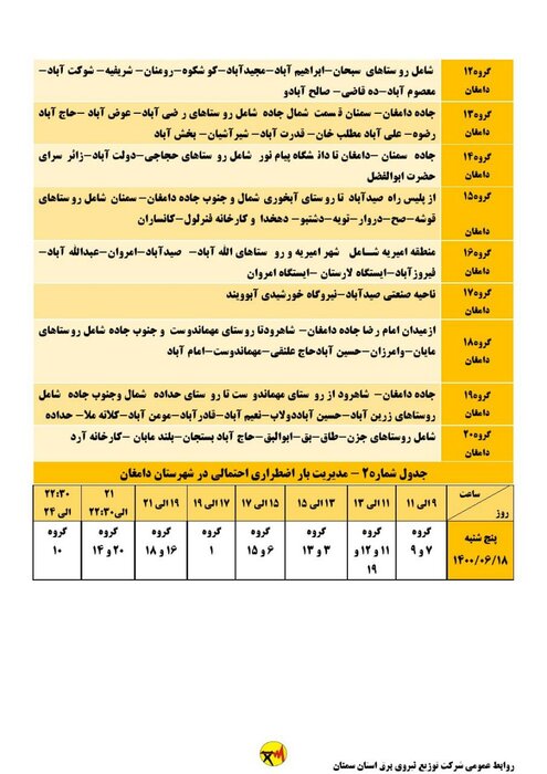 برنامه خاموشی احتمالی برق استان سمنان در پنجشنبه ۱۸ شهریور اعلام شد