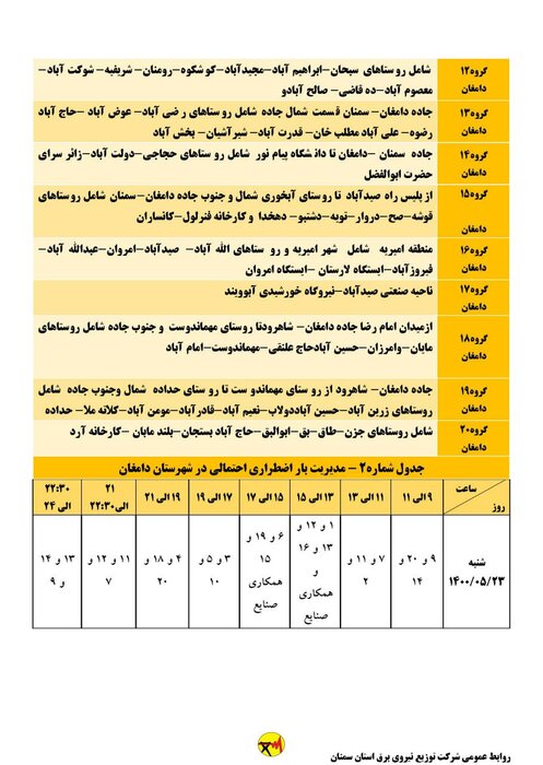 برنامه خاموشی احتمالی برق استان سمنان در روز شنبه ۲۳ مرداد اعلام شد