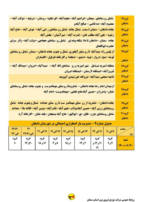 برنامه خاموشی احتمالی برق استان سمنان برای شنبه ۲۰ شهریور اعلام شد