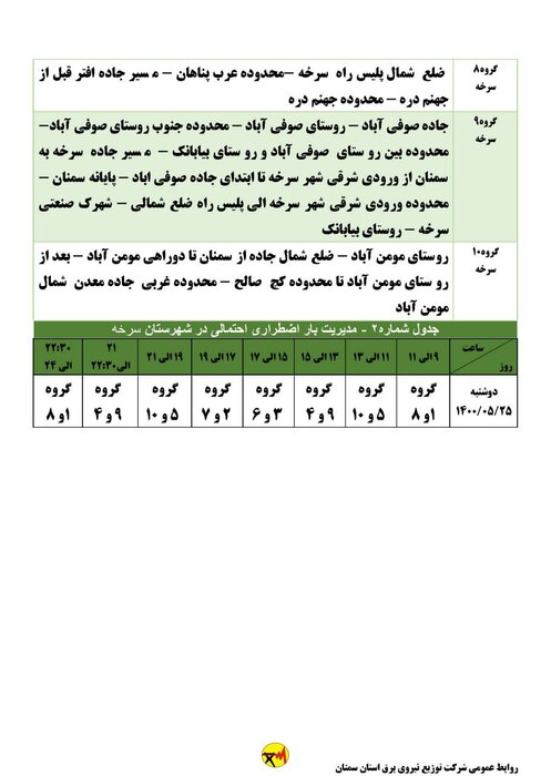 برنامه خاموشی احتمالی برق استان سمنان در روز دوشنبه ۲۵ مرداد اعلام شد