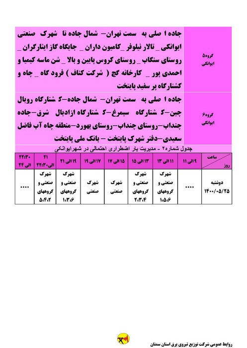 برنامه خاموشی احتمالی برق استان سمنان در روز دوشنبه ۲۵ مرداد اعلام شد