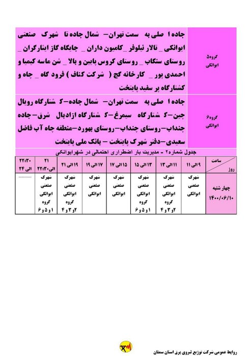 برنامه خاموشی احتمالی برق استان سمنان در چهارشنبه دهم شهریور اعلام شد