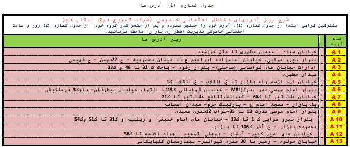 جدول خاموشی اضطراری در قم / ۲۱ مردادماه