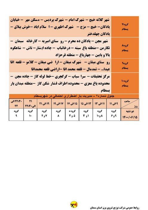 برنامه خاموشی احتمالی برق استان سمنان برای دوشنبه ۱۵شهریور اعلام شد