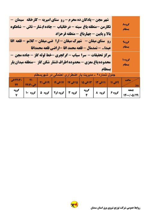 برنامه خاموشی احتمالی برق استان سمنان در روز جمعه ۲۹ مرداد اعلام شد