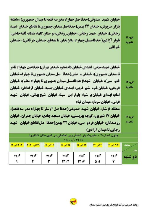 برنامه خاموشی برق امروز هفدهم خرداد در شهرهای استان سمنان اعلام شد