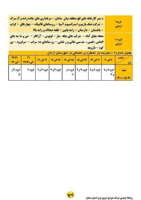 برنامه خاموشی احتمالی برق استان سمنان در روز شنبه ۳۰ مرداد اعلام شد