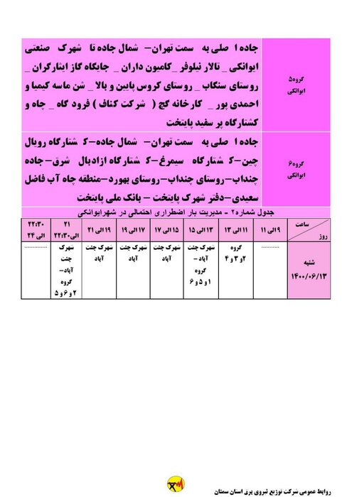 برنامه خاموشی احتمالی برق استان سمنان برای شنبه ۱۳ شهریور اعلام شد