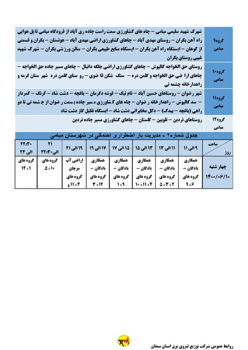 برنامه خاموشی احتمالی برق استان سمنان در چهارشنبه دهم شهریور اعلام شد