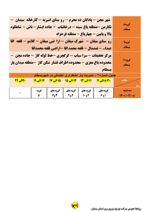 برنامه خاموشی احتمالی برق استان سمنان در هشتم تیر اعلام شد