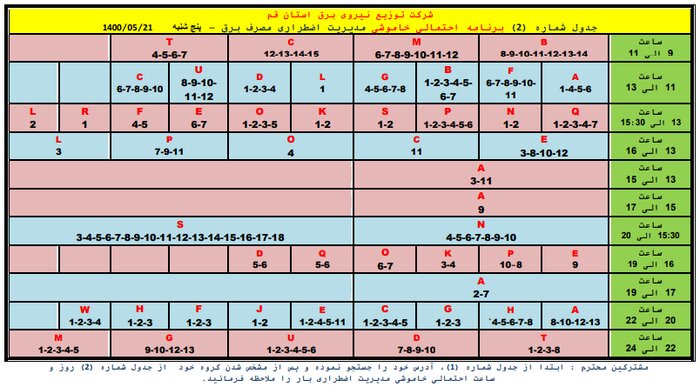 جدول خاموشی اضطراری در قم / ۲۱ مردادماه