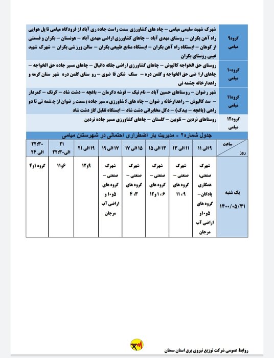 برنامه خاموشی احتمالی برق استان سمنان در روز یکشنبه ۳۱ مرداد اعلام شد