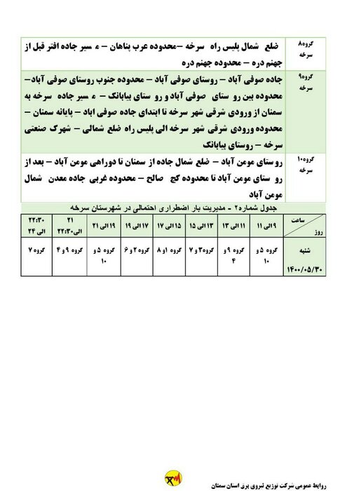 برنامه خاموشی احتمالی برق استان سمنان در روز شنبه ۳۰ مرداد اعلام شد