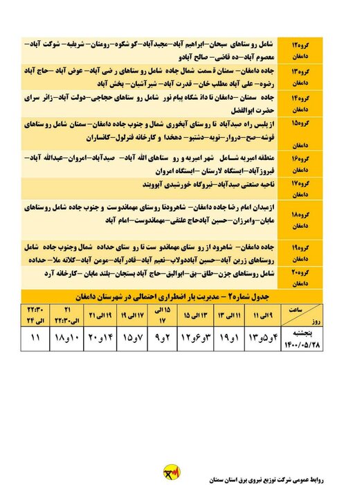 برنامه خاموشی احتمالی برق استان سمنان در روز پنجشنبه ۲۸ مرداد اعلام شد